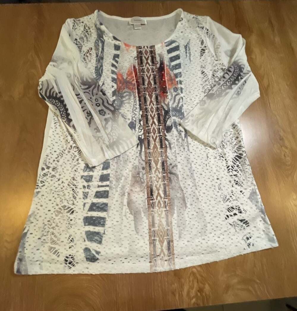 Kamana Geometric Tribal Print Mixed Media Mesh Tunic Blouse